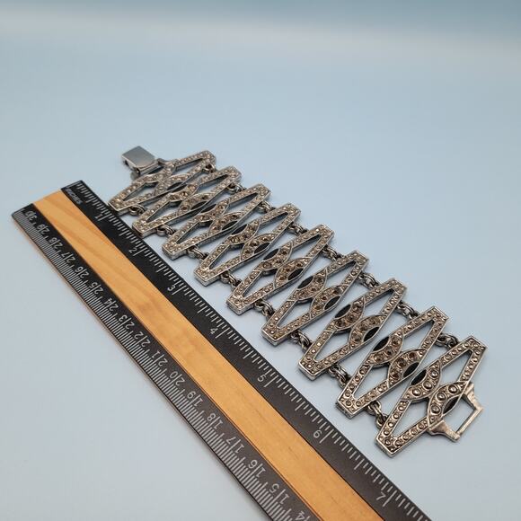 Vintage Art Deco Faux Marcasite Rhinestone Wide Bracelet, 7 1/4 Inches, 1980s - Picture 6 of 9